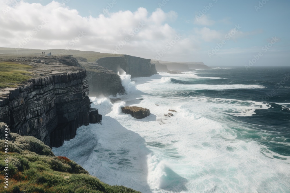 view of pristine and untouched cliffs, with crashing waves in the background, created with generative ai
