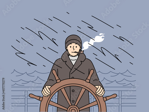 Captain in outerwear standing at ship steering wheel smoking pipe. Smiling man sailing in ocean in storm. Marine life. Vector illustration. 