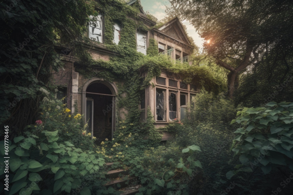 hauntingly beautiful abandoned house, with windows and doors boarded up and overgrown with vegetation, created with generative ai