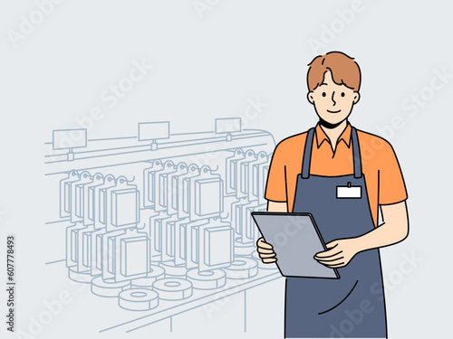 Male employee in uniform working in building hypermarket. Smiling man consultant standing near shelf in supermarket. Occupation concept. Vector illustration. 