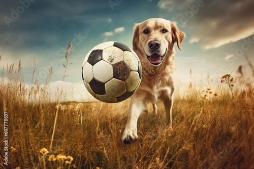 Happy dog playing with football on field