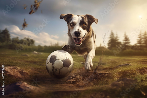 Happy dog playing with football on field