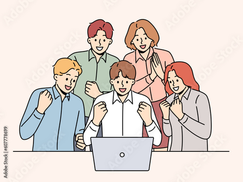 Happy team coworking on laptop celebrate shared business win or success. Smiling businesspeople excited with good results collaborating on computer in office. Vector illustration. 