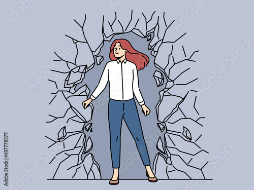 Confident businesswoman break stone wall reach business goal or aim. Successful happy female employee go through wall show strength and motivation. Vector illustration. 