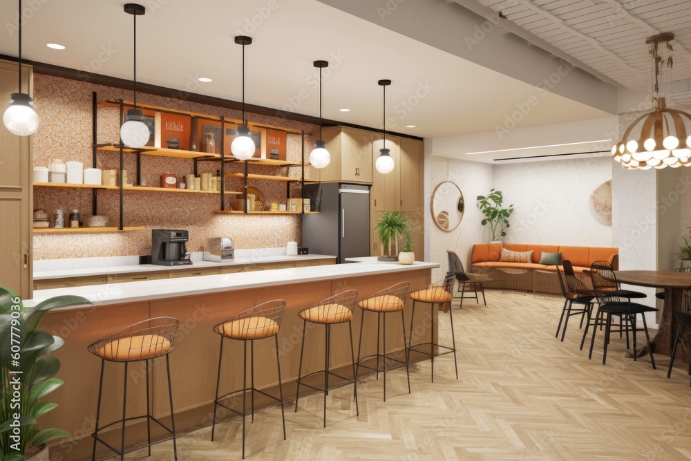 co-working space with communal kitchen area and coffee bar, created with generative ai