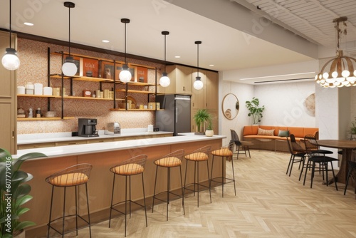 co-working space with communal kitchen area and coffee bar, created with generative ai