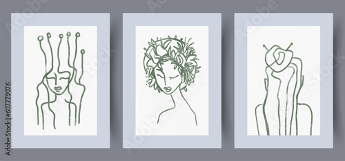 Portrait girls femininity faces wall art print. Collection, bundle. Contemporary decorative background with faces. Wall artwork for interior design. Printable minimal abstract girls poster.