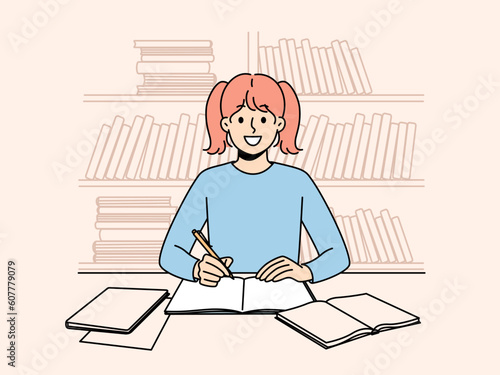 Smiling smart little girl sit at desk at home handwriting in exercise book preparing for school. Happy schoolgirl do homework at table. Study and learning. Vector illustration. 