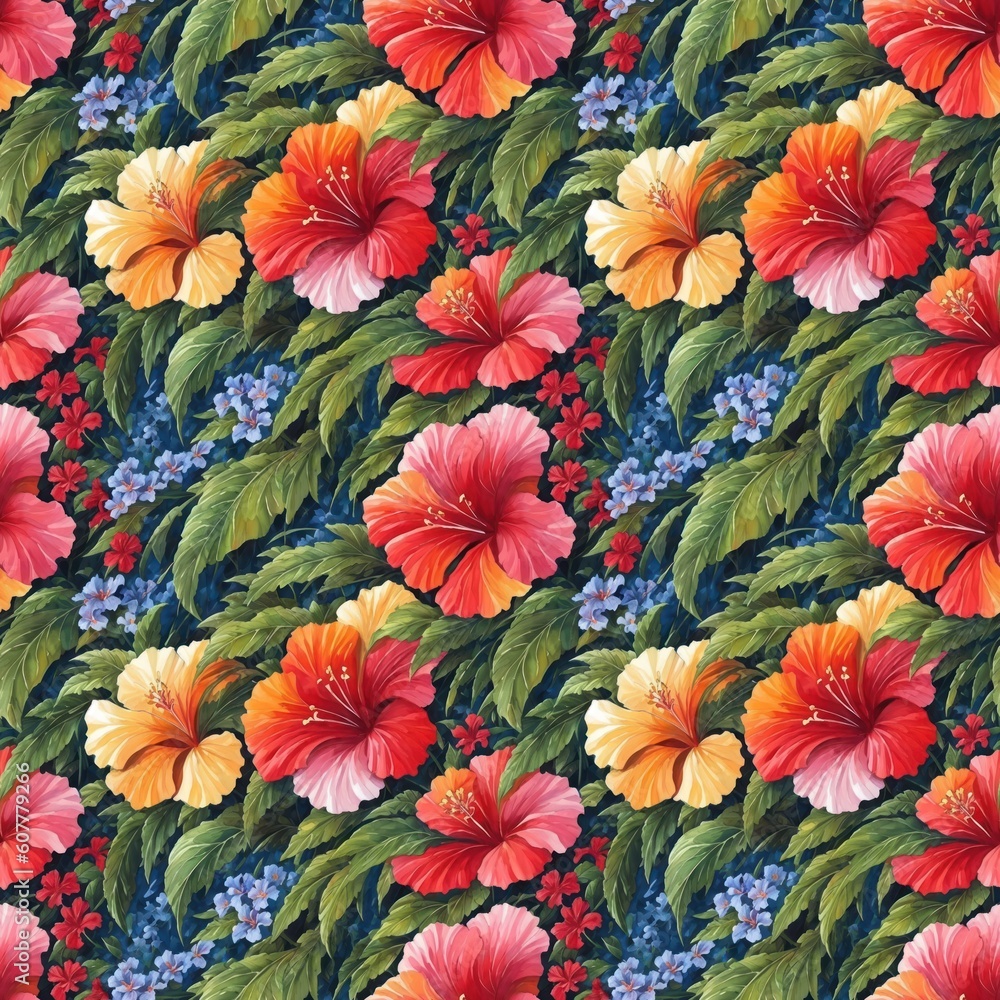 Seamless floral pattern with Hibiscus flowers, tileable, Generative AI Seamless floral pattern with Hibiscus flowers, tileable, Generative AI