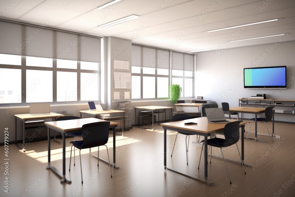 modern classroom with sleek furniture and interactive whiteboard for modern learning experience, created with generative ai modern classroom with sleek furniture and interactive whiteboard for modern learning experience, created with generative ai