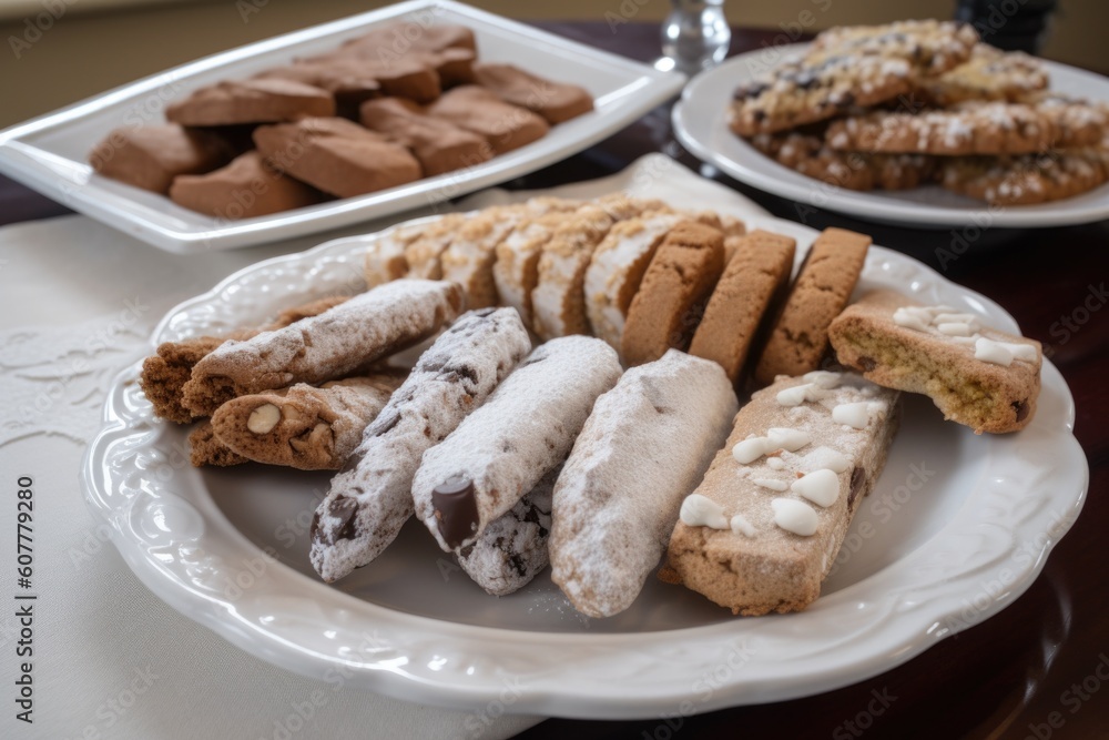 plate of freshly baked cookies and biscotti, dusted with powdered sugar, created with generative ai