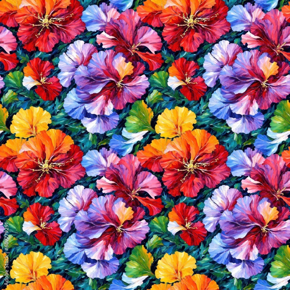 Seamless floral pattern with Hibiscus flowers, tileable, Generative AI