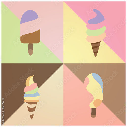 ice cream set, strawberry, chocolate, vanilla mint ice cream scoops, balls in cones, minimalist background 