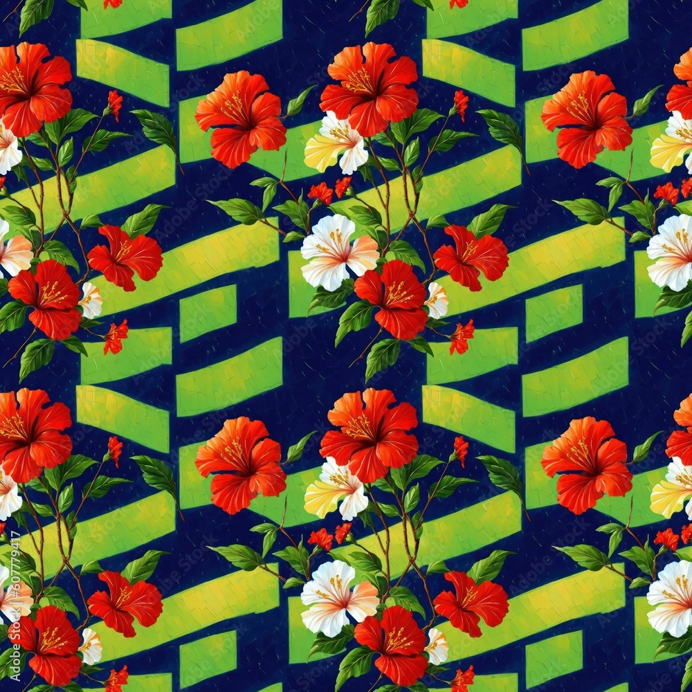 Obraz premium Seamless floral pattern with Hibiscus flowers, tileable, Generative AI