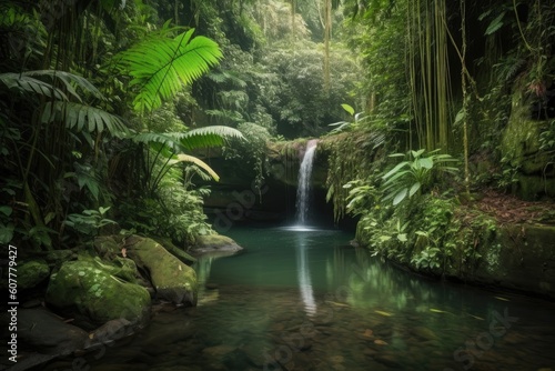 waterfall cascading into tranquil pool in lush jungle  created with generative ai