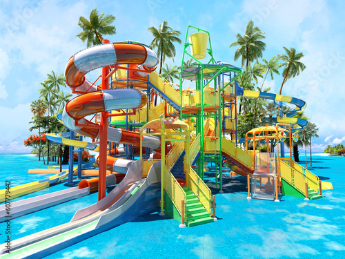 Fotografija Empty colorful waterslides, resort aquapark with sea view, sunny day