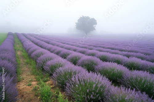lavender field blanketed in misty morning fog  created with generative ai