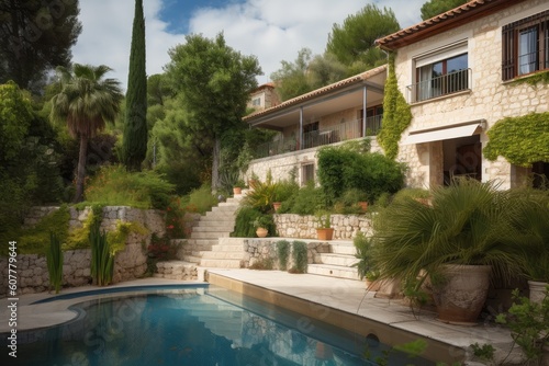 mediterrnean house exterior with garden and swimming pool, close-up, created with generative ai