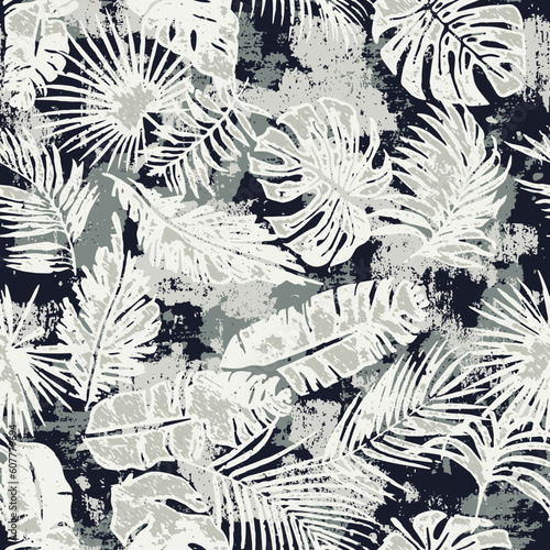 Tropical monstera and palm leaves wallpaper grunge abstract vector seamless pattern 