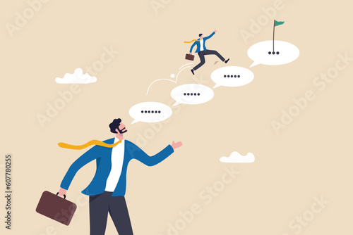Advice or effective feedback to motivate to success, comment, opinion for career improvement, help or communication to support employee concept, businessman jump on speech bubble advice to success.