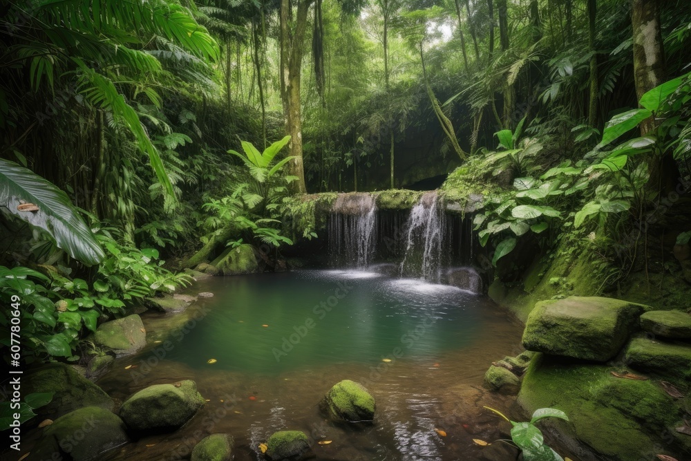 majestic waterfall cascading into jungle pool, created with generative ai majestic waterfall cascading into jungle pool, created with generative ai
