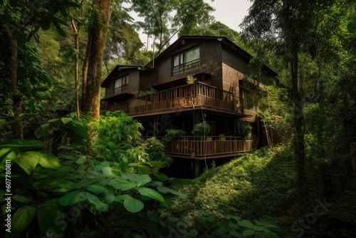 eco-friendly hotel, surrounded by lush greenery and natural surroundings, created with generative ai