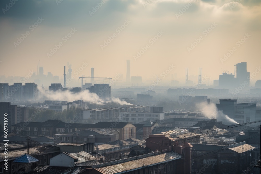 smoggy city skyline, with factory smoke and exhaust fumes in the distance, created with generative ai