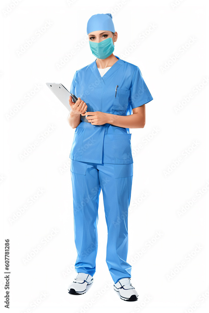 Girl doctor with a tablet and mask isolated on white background. The concept of medicine, profession, helping people . Girl doctor with a tablet and mask isolated on white background. The concept of medicine, profession, helping people .