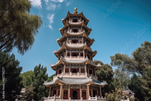 majestic china pagoda with gilded lanterns and intricate stone carvings against the blue sky, created with generative ai