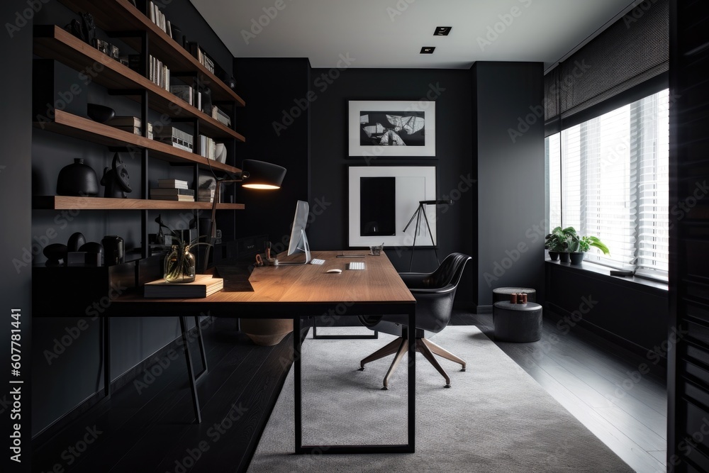 sleek modern home office with minimalist decor and sleek furnishings, created with generative ai sleek modern home office with minimalist decor and sleek furnishings, created with generative ai