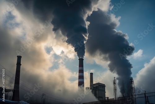 air pollution from factory chimneys, releasing thick black smoke into the atmosphere, created with generative ai