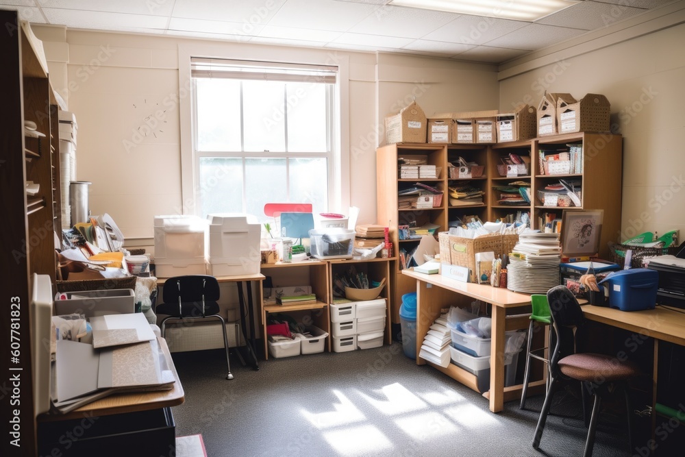 decluttering teacher's classroom, with books, supplies and learning tools in place for the new school year, created with generative ai decluttering teacher's classroom, with books, supplies and learning tools in place for the new school year, created with generative ai