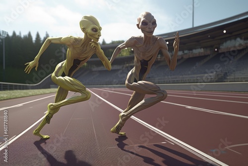 two alien athletes racing down a track, their long limbs pumping, created with generative ai © Alfazet Chronicles