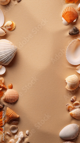 Arial view of a sandy beach with shells on the sides. Flat top summer concept background with lots of negative space for copy space.
