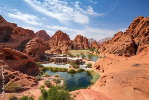 oasis surrounded by towering, red rock formations in desert landscape, created with generative ai