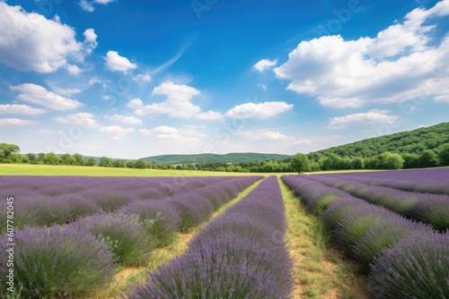 lavender field with rolling hills and a blue sky, created with generative ai