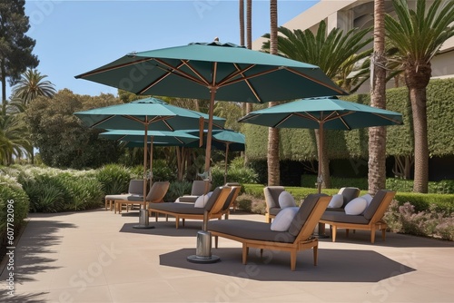 outdoor seating area with lounge chairs and parasols, providing shade in the hot sun, created with generative ai