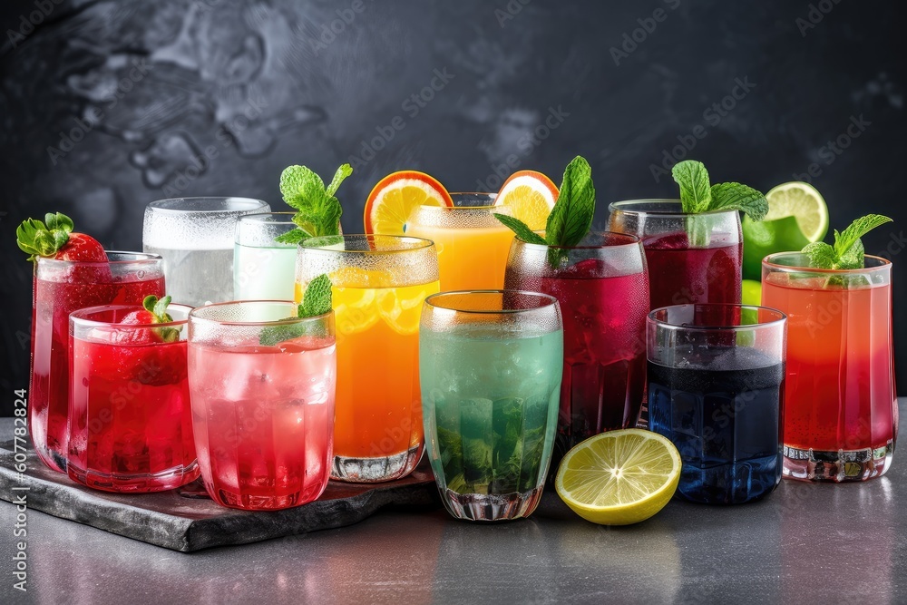 array of colorful and refreshing summer drinks in glasses, created with generative ai
