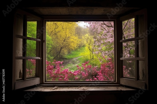 window in a forest  with view of blooming trees and buzzing bees  created with generative ai