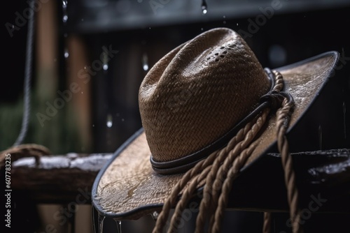 shower of raindrops on cowboy hat and rope, created with generative ai