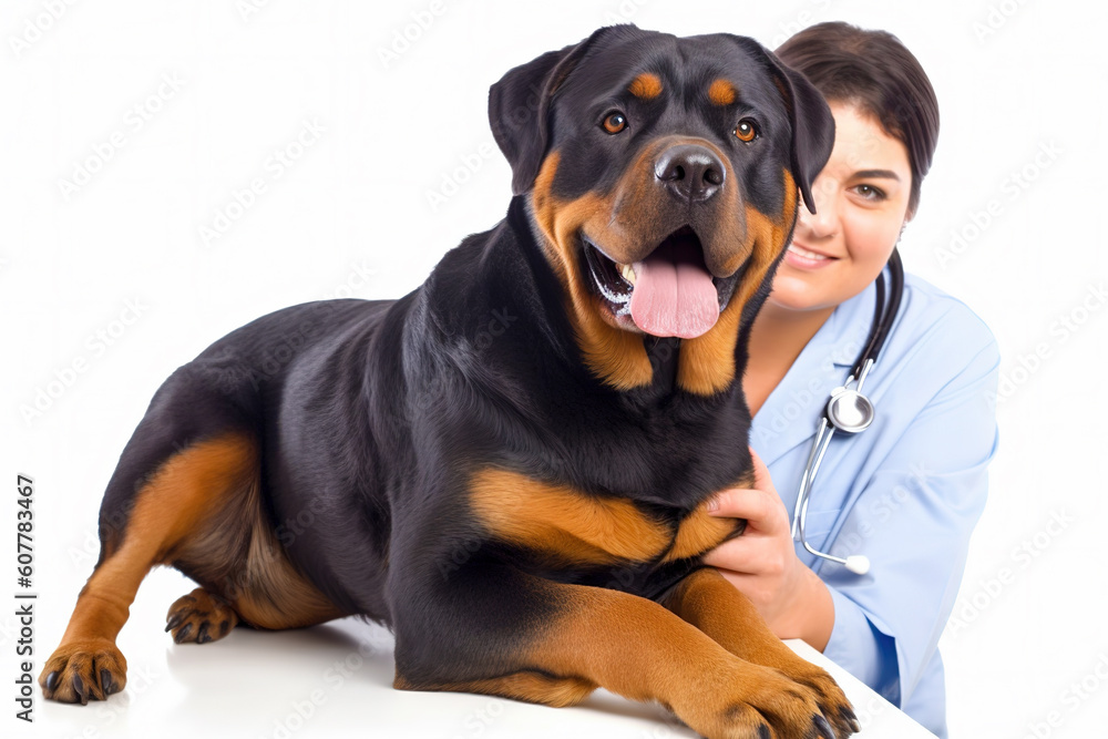 Fototapeta premium Close up of a beautiful rottweiler dog at the veterinarian. Sick cute pet sitting at the examination table at the animal clinic