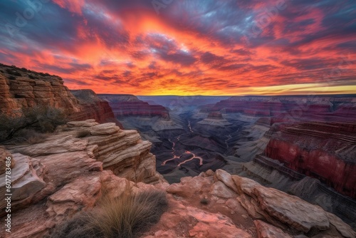 grand canyon with fiery sunset, featuring colorful and dramatic sky, created with generative ai
