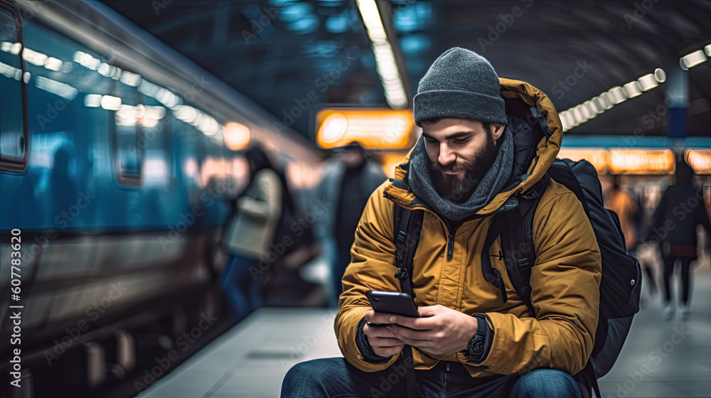Young man waits sitting for train while working on computer remotely, digital nomad Generative AI Young man waits sitting for train while working on computer remotely, digital nomad Generative AI