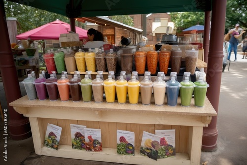 smoothie stand, with variety of smoothies and shakes made from fresh ingredients, created with generative ai