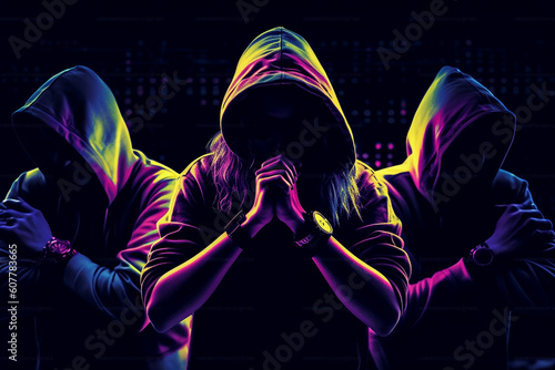 People in hoods rave style music. Generative AI
