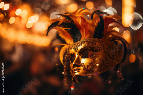 Mesmerizing Carnival Delight: Golden Venetian Mask and Radiant Bokeh Lights. Generative AI