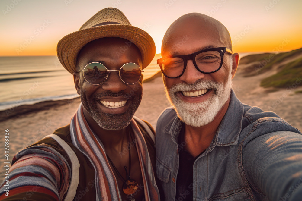 Selfie of two mature gay men, LGBTQ acceptance, generative AI Selfie of two mature gay men, LGBTQ acceptance, generative AI