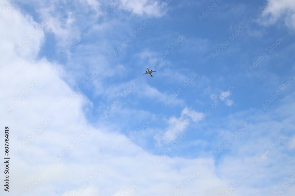passenger airplane is flying in the blue sky with white clouds