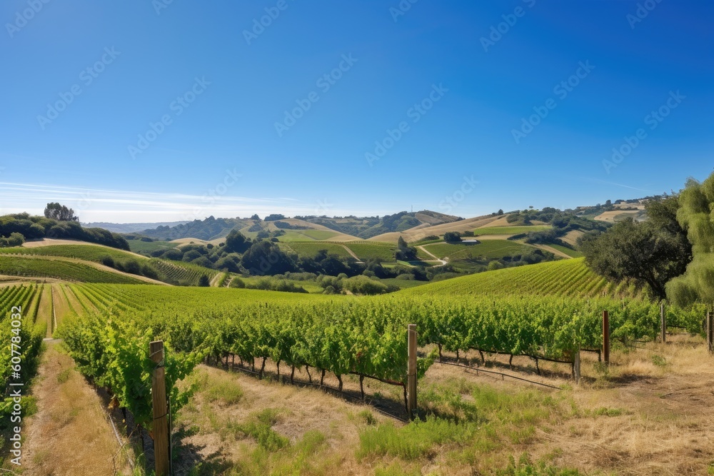 vineyard surrounded by rolling hills and clear blue sky, created with generative ai