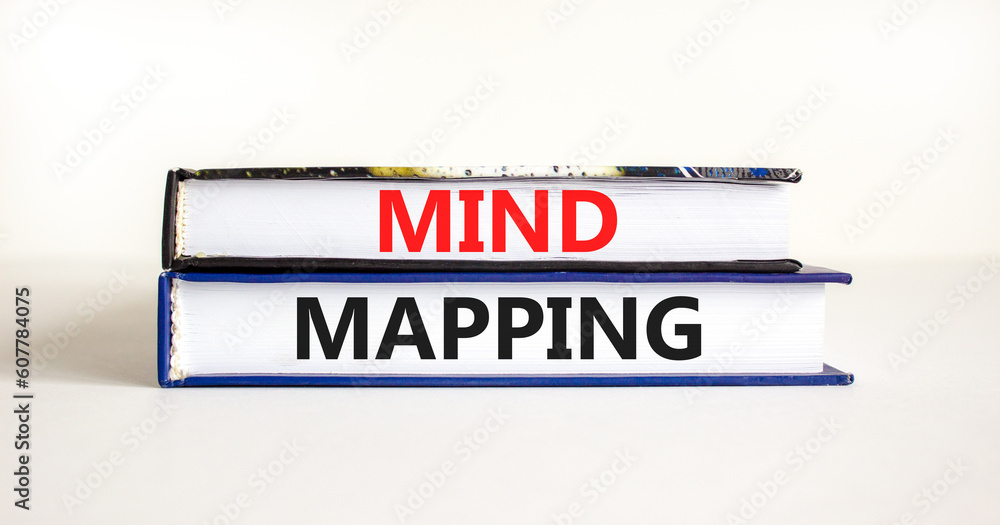Mind mapping symbol. Concept words Mind mapping on beautiful books on a beautiful white table white background. Business, support, motivation, psychological and mind mapping concept. Copy space.